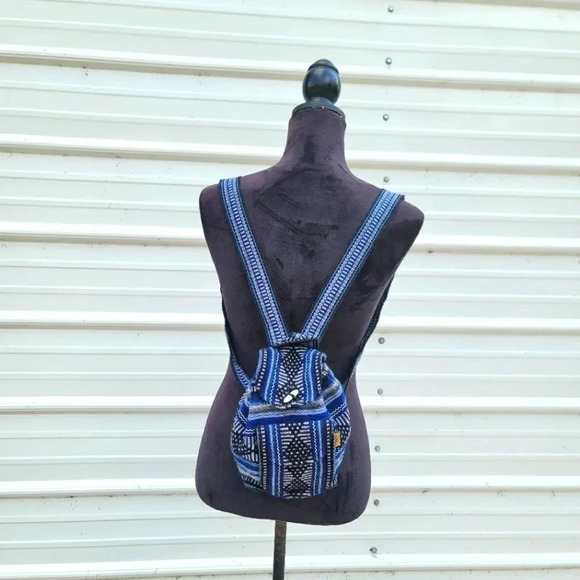 NWOT Pinzon Woven Mexico Backpack Artesanias Mr Pocket Drawstring Boho Bag Blue - Picture 1 of 13